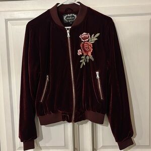 Burgundy velvet bomber jacket with embroidered rose. Sz Small
